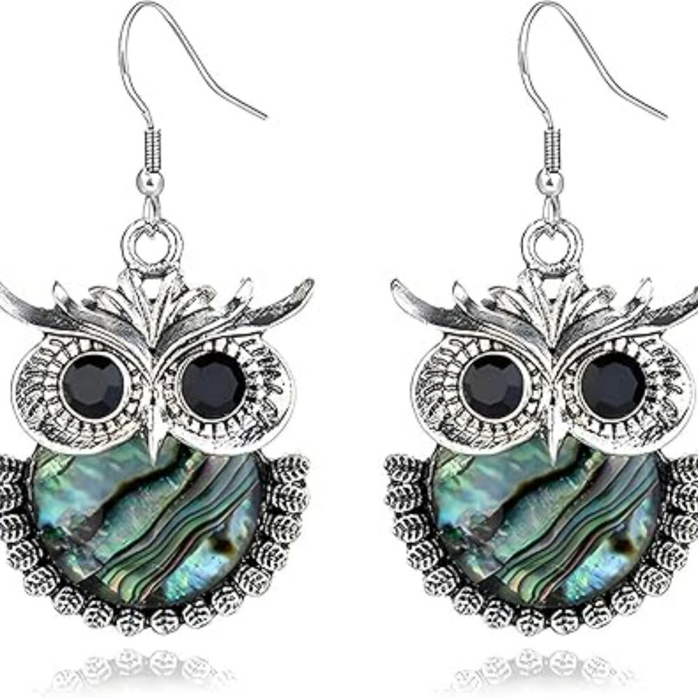 New Owl Earrings Black Onyx Earrings Boho Abalone Shell Earrings Animal Bird